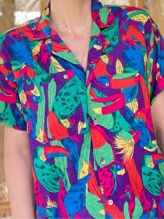 j.g. hook Tops - Vintage J.G. Hook Funky Tropical BirdPrint Short Sleeve Button Down Shirt Toucan